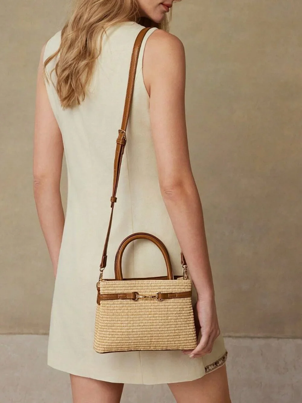 Khaki Elegant Women's Premium faux leather Contrast Trim Top Handle Office Tote - Picture 6 of 8